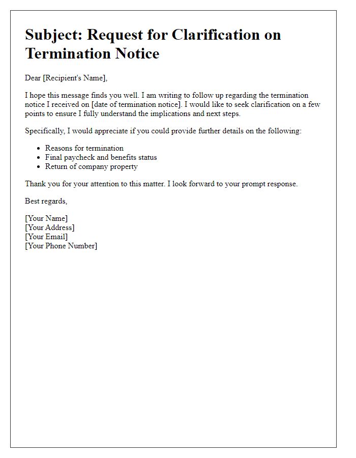 Letter template of termination follow-up clarification request