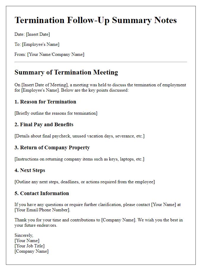 Letter template of termination follow-up summary notes