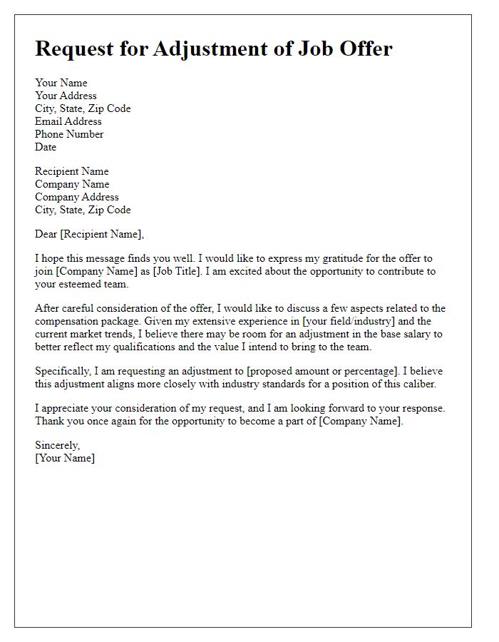 Letter template of executive job offer adjustment request.