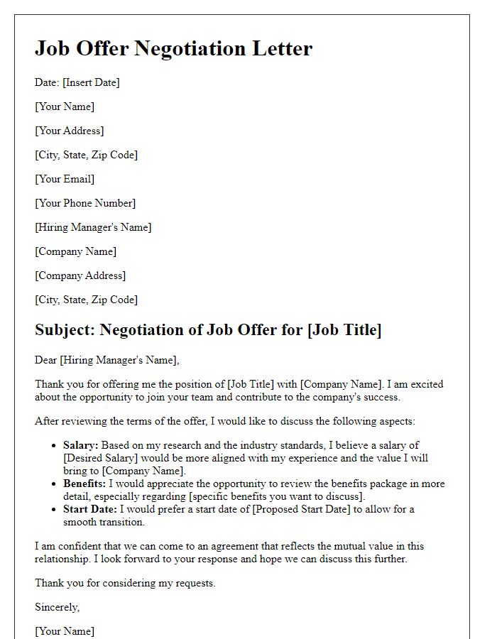 Letter template of executive job offer negotiation.