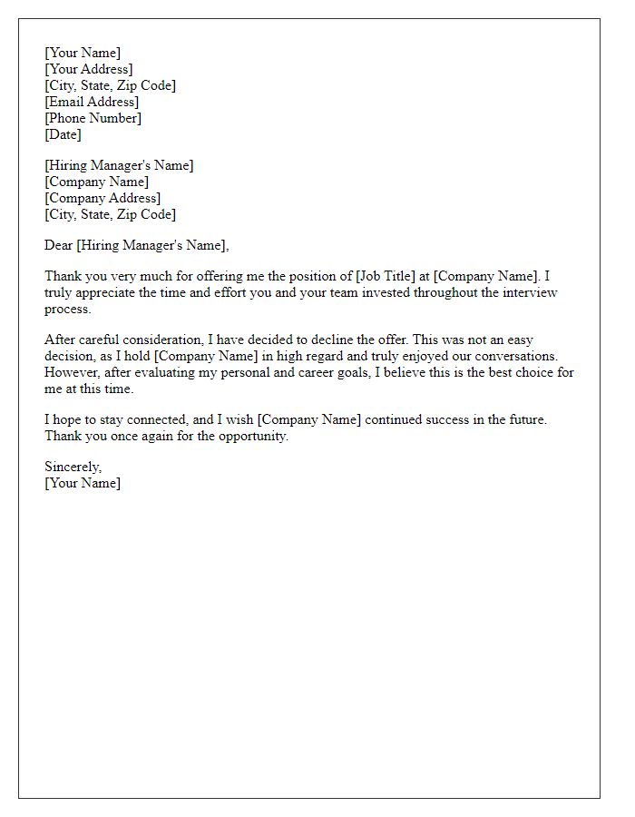 Letter template of executive job offer rejection.