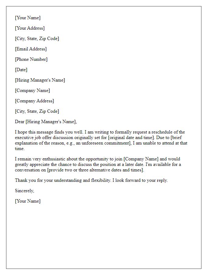 Letter template of executive job offer reschedule request.