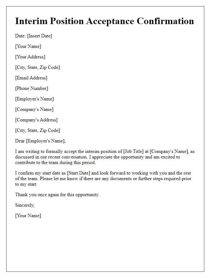 Letter template of interim position acceptance confirmation