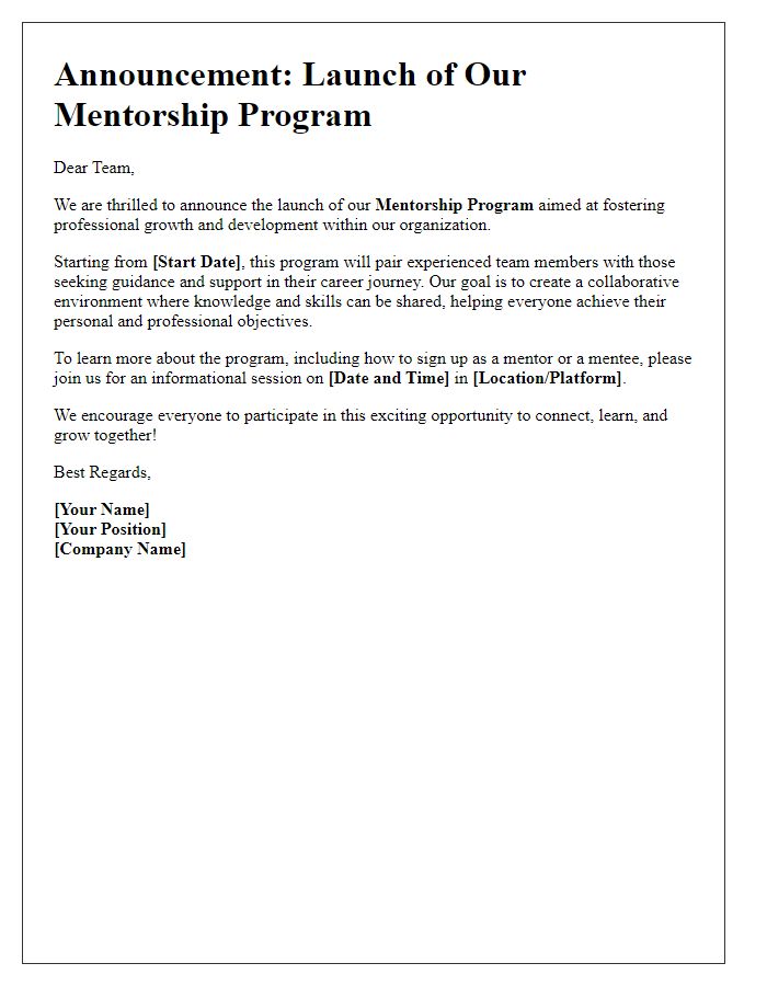 Letter template of mentorship program launch announcement