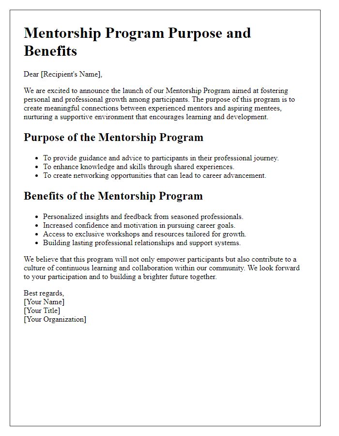 Letter template of mentorship program purpose and benefits