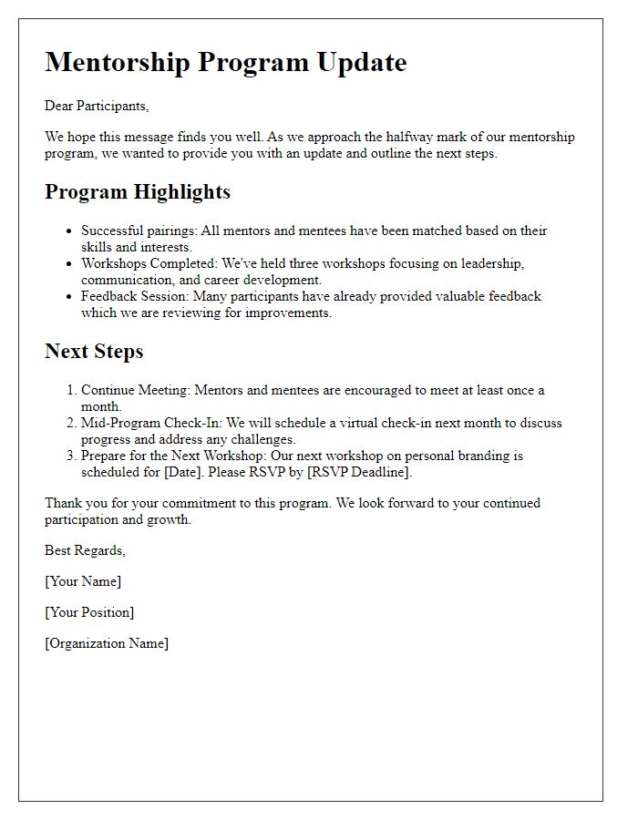 Letter template of mentorship program update and next steps