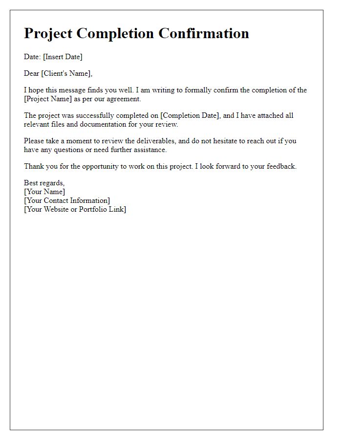 Letter template of freelance project completion confirmation