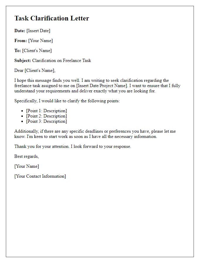 Letter template of freelance task clarification