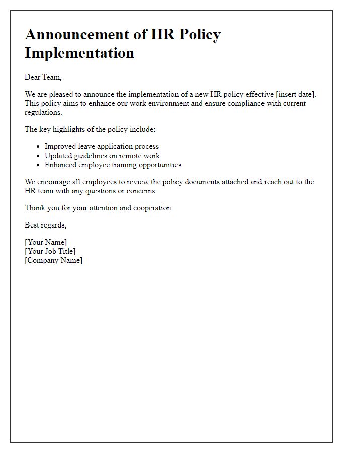 Letter template of HR policy implementation announcement