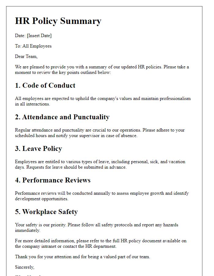 Letter template of HR policy summary for employees