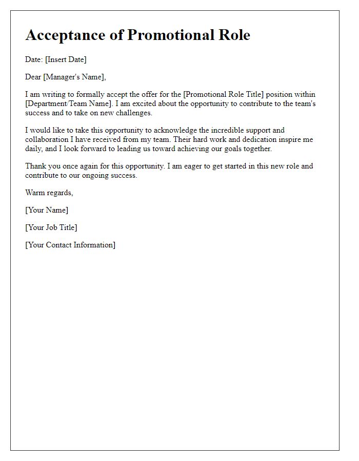 Letter template of promotional role acceptance with acknowledgment of team