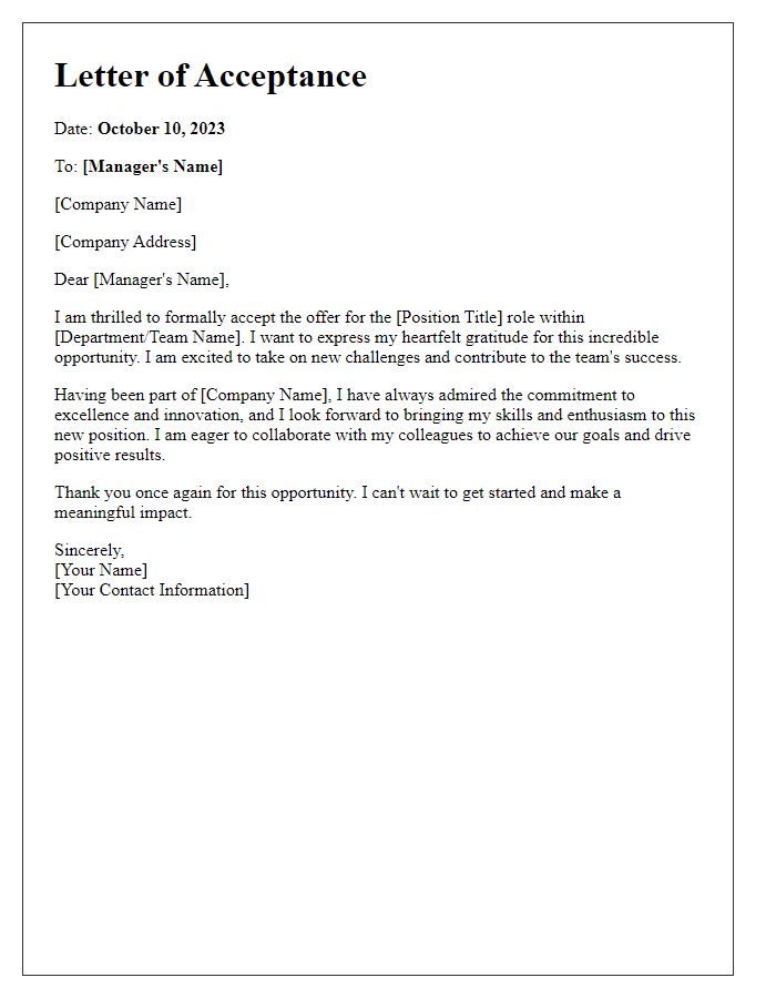 Letter template of promotional role acceptance expressing enthusiasm