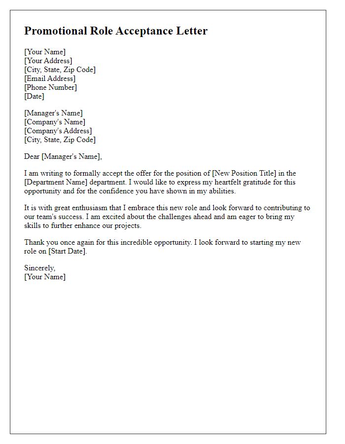 Letter template of promotional role acceptance with gratitude