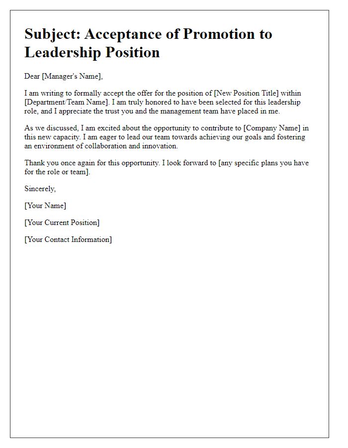 Letter template of promotional role acceptance for leadership positions