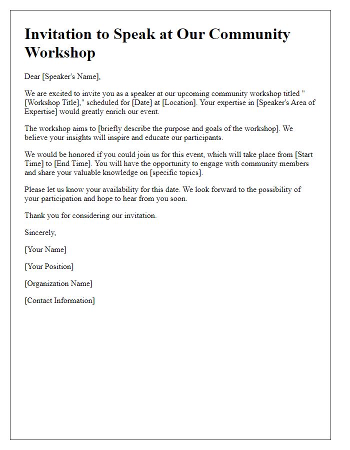 Letter template of speaker invitation for a community workshop.