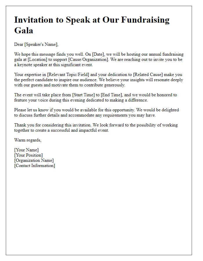 Letter template of speaker invitation for a fundraising gala.