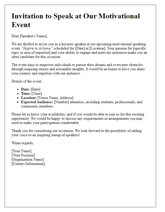 Letter template of speaker invitation for a motivational speaking event.