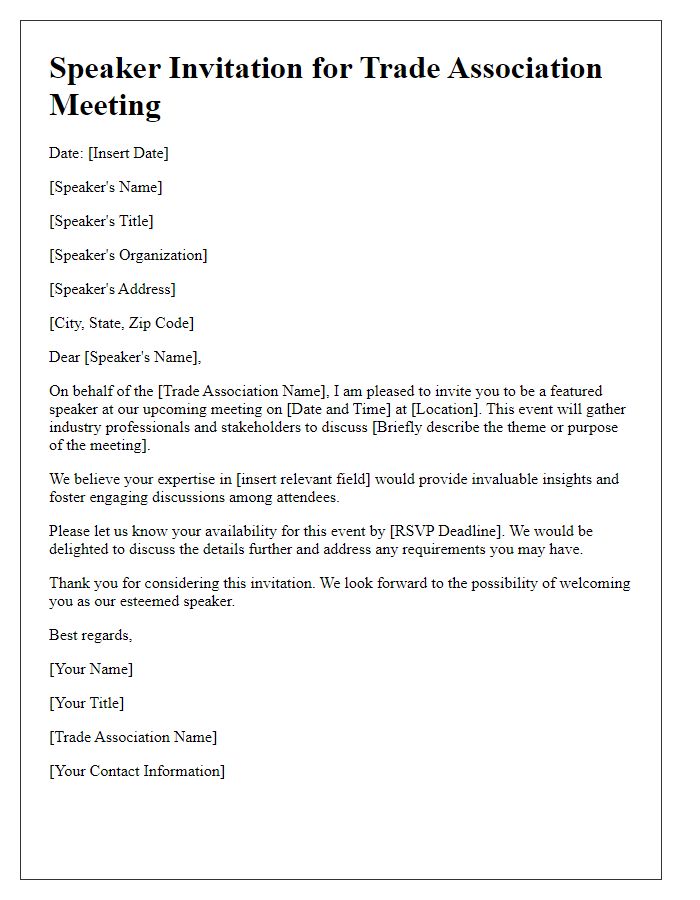 Letter template of speaker invitation for a trade association meeting.