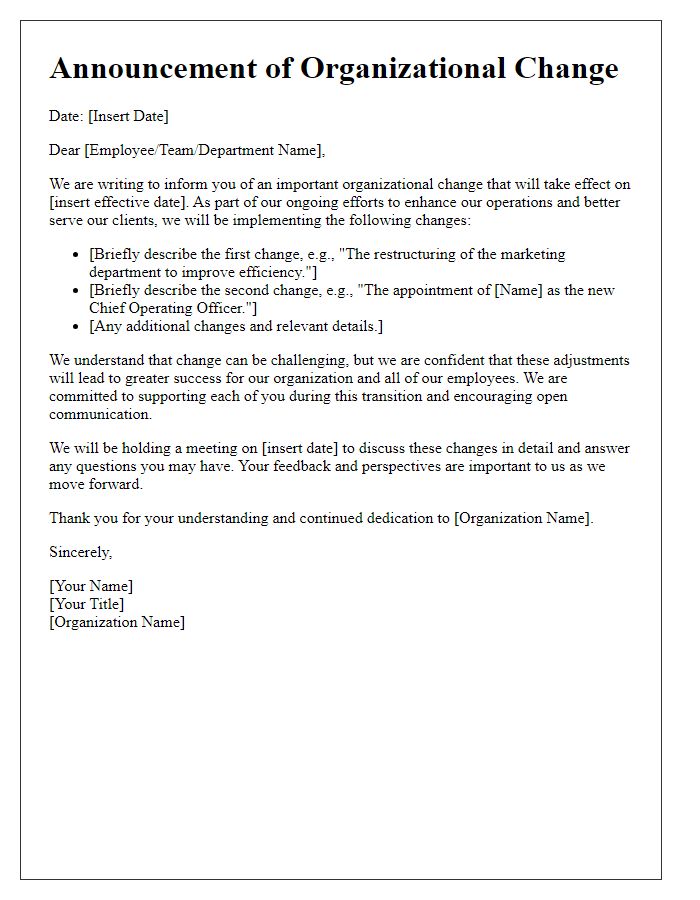 Letter template of organizational change announcement