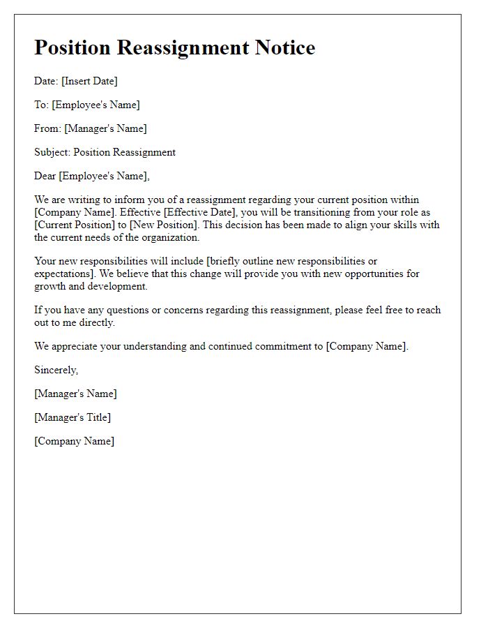 Letter template of position reassignment notice