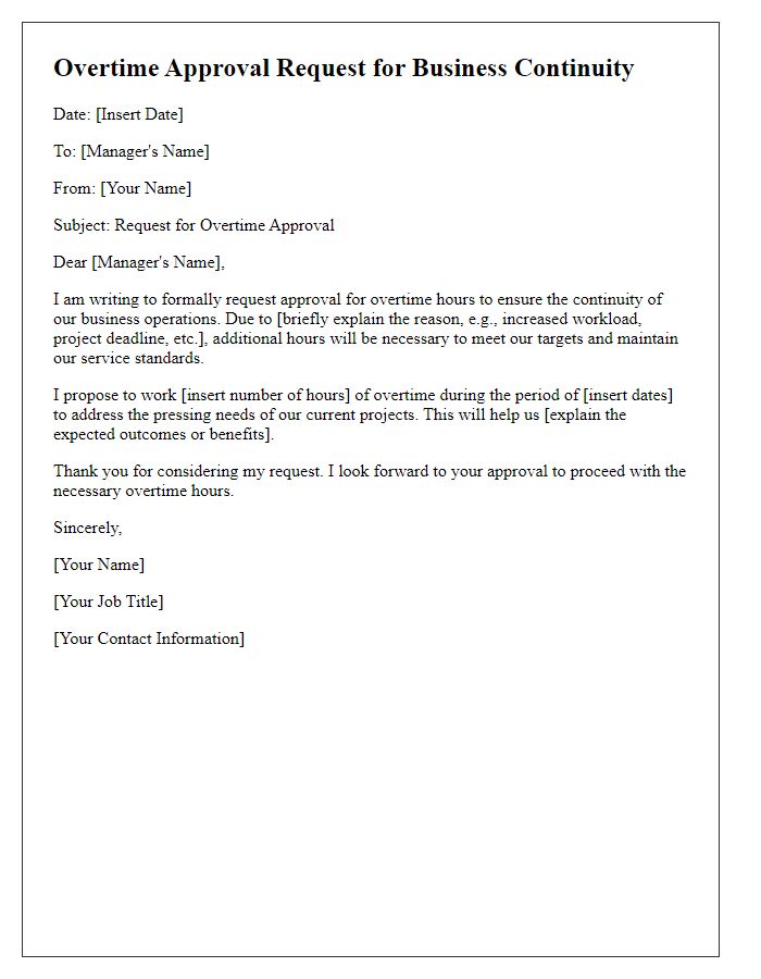 Letter template of overtime approval request for business continuity.