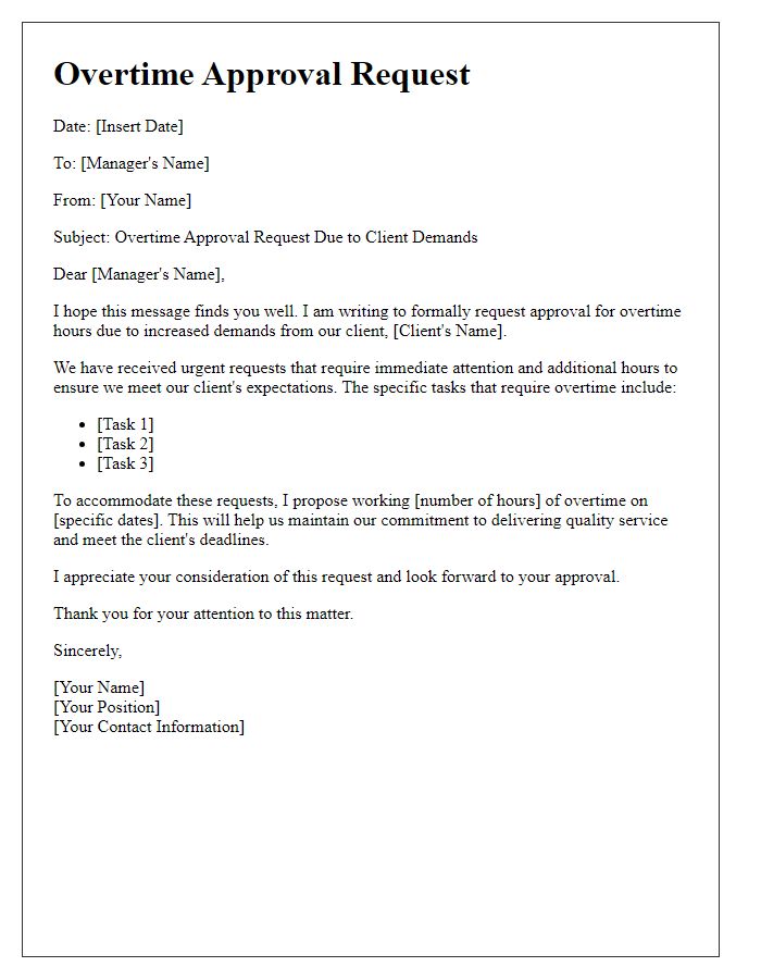 Letter template of overtime approval request for client demands.