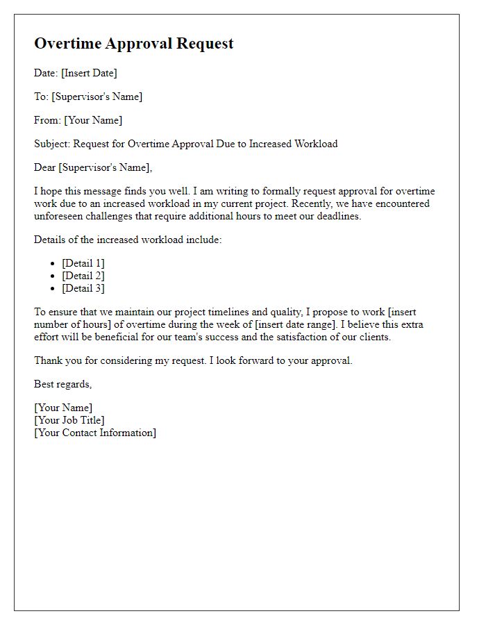 Letter template of overtime approval request for increased workload.