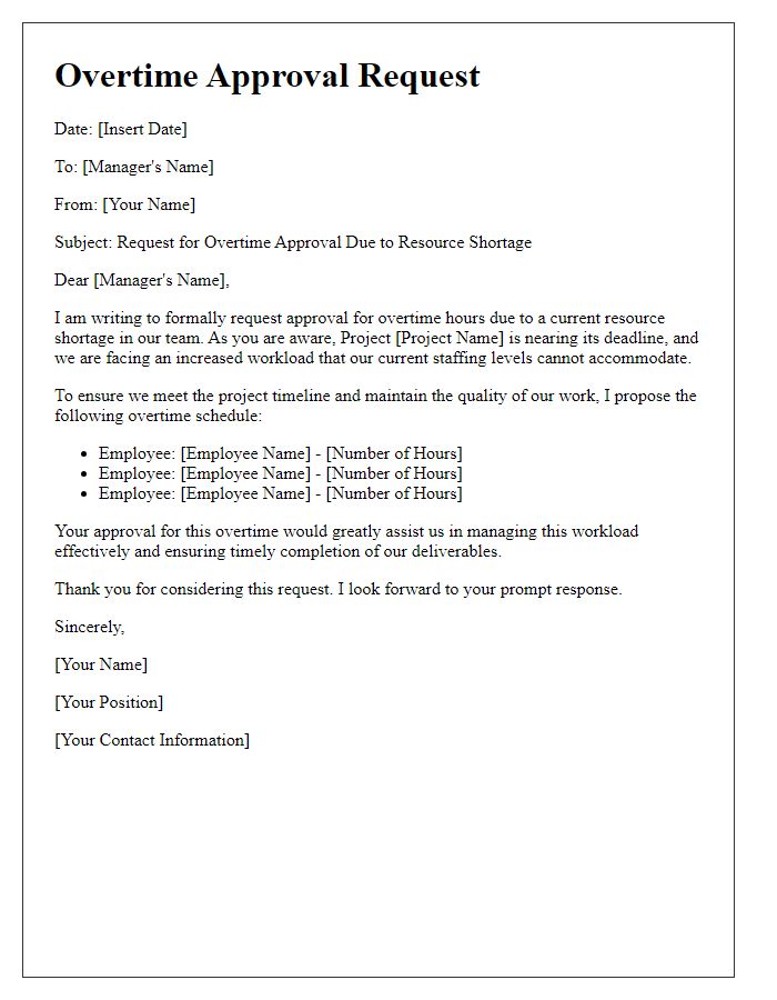 Letter template of overtime approval request for resource shortage.