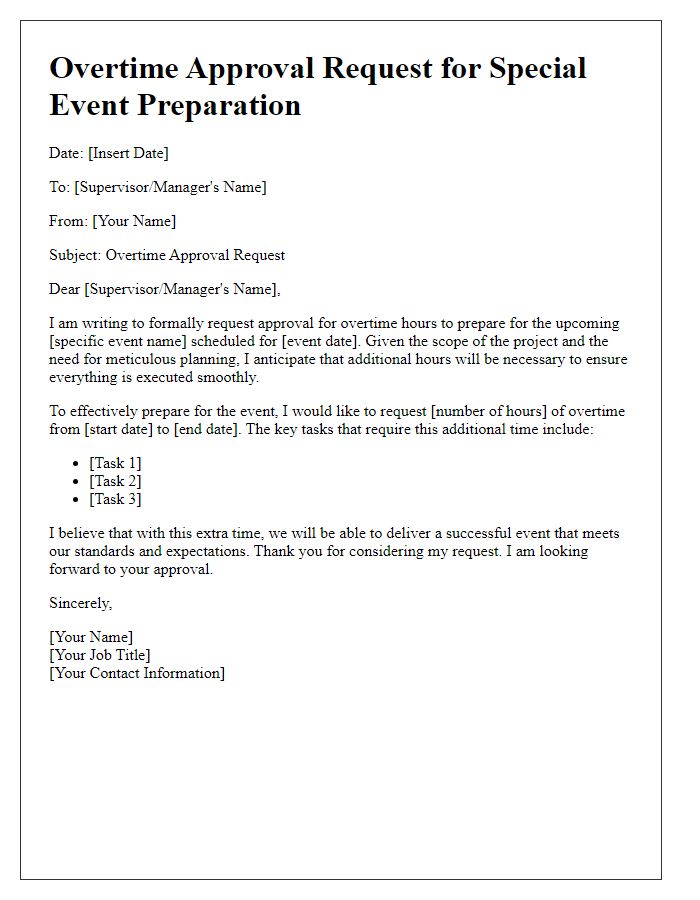 Letter template of overtime approval request for special event preparation.