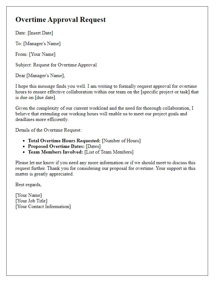 Letter template of overtime approval request for team collaboration.