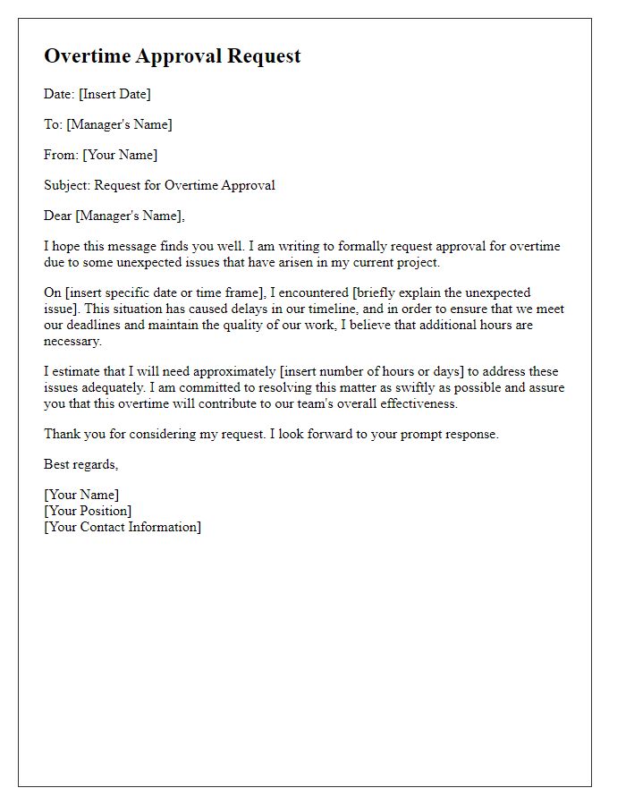 Letter template of overtime approval request for unexpected issues.