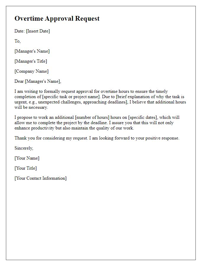 Letter template of overtime approval request for urgent task completion.