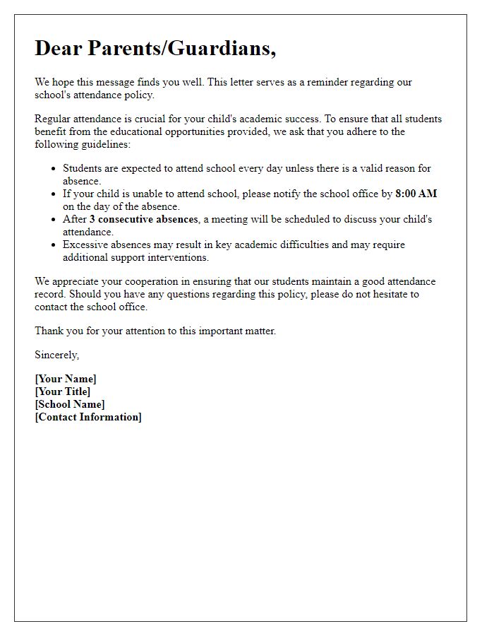 Letter template of attendance policy reminder for parents.