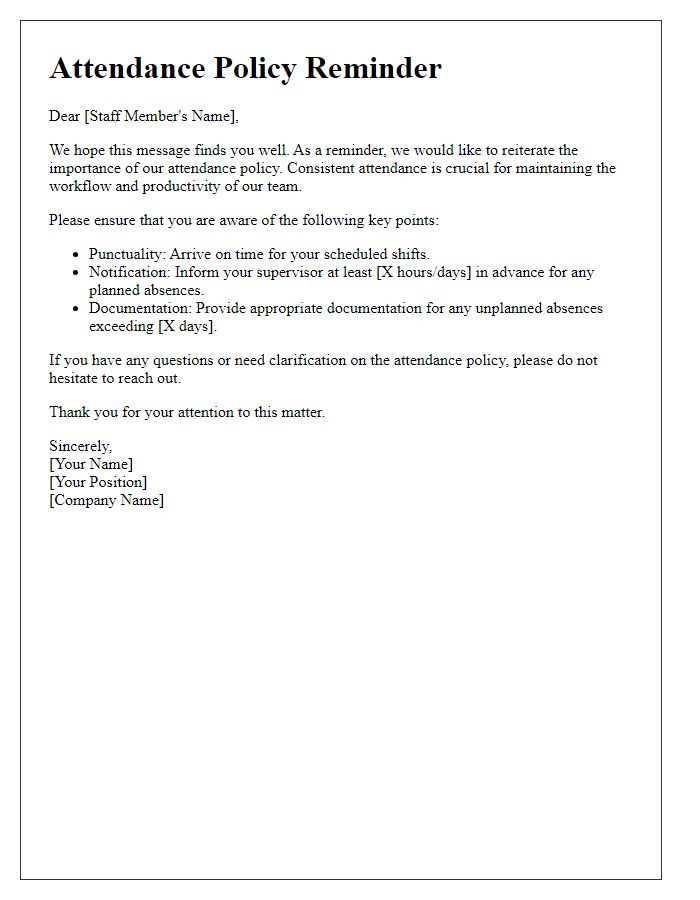 Letter template of attendance policy reminder for staff members.