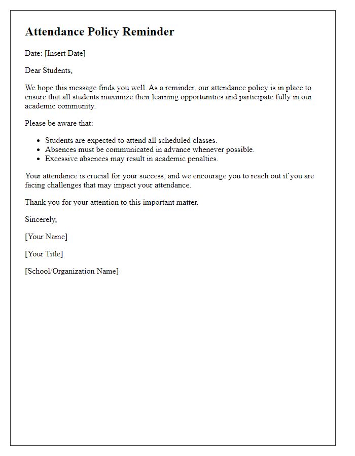 Letter template of attendance policy reminder for students.