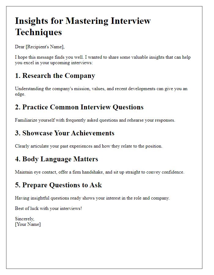 Letter template of insights for mastering interview techniques