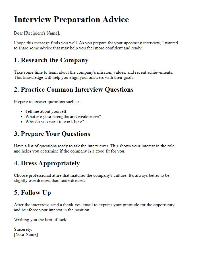 Letter template of interview preparation advice