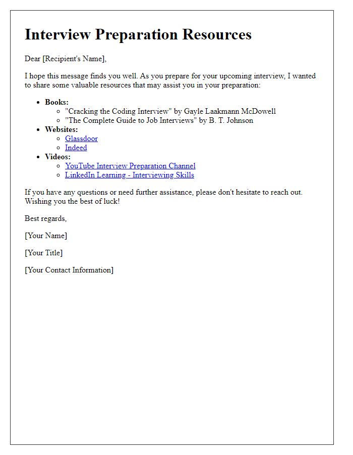 Letter template of resources for interview preparation assistance
