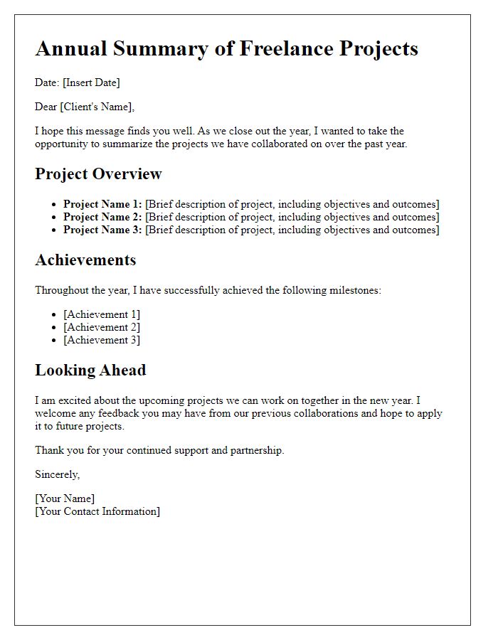 Letter template of annual summary for freelance projects