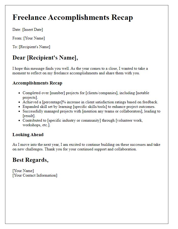 Letter template of freelance accomplishments recap