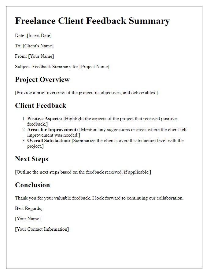 Letter template of freelance client feedback summary