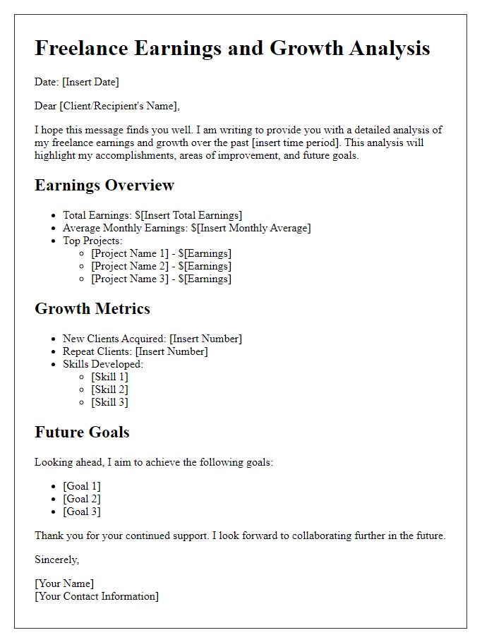 Letter template of freelance earnings and growth analysis