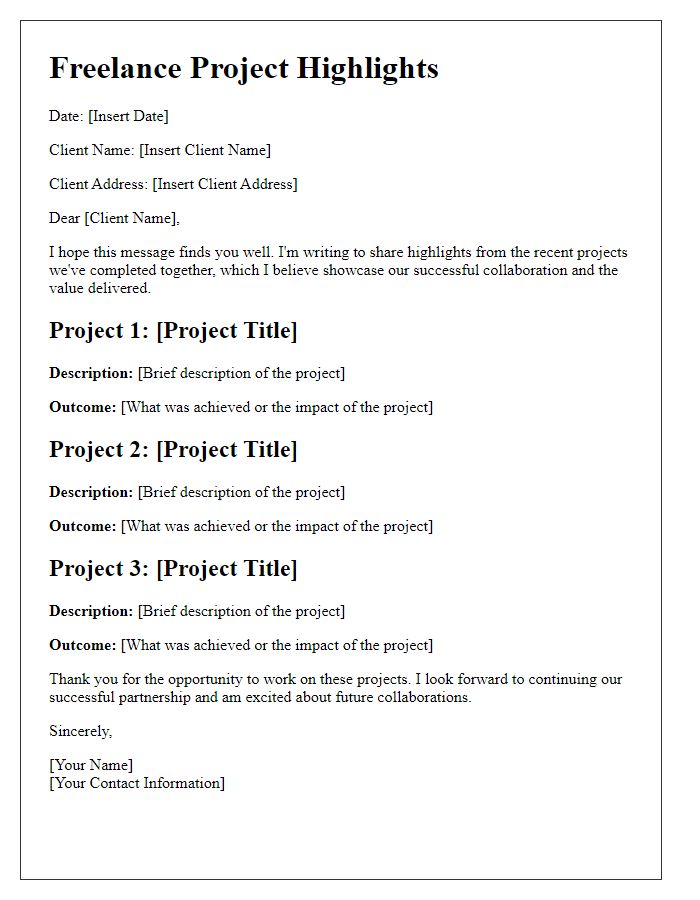 Letter template of freelance project highlights