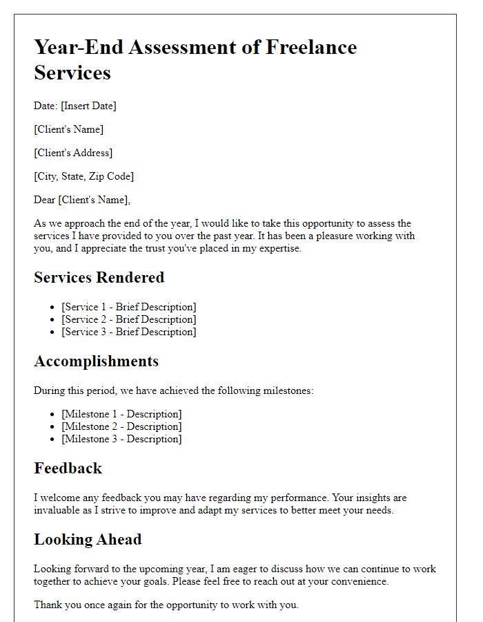 Letter template of year-end assessment for freelance services