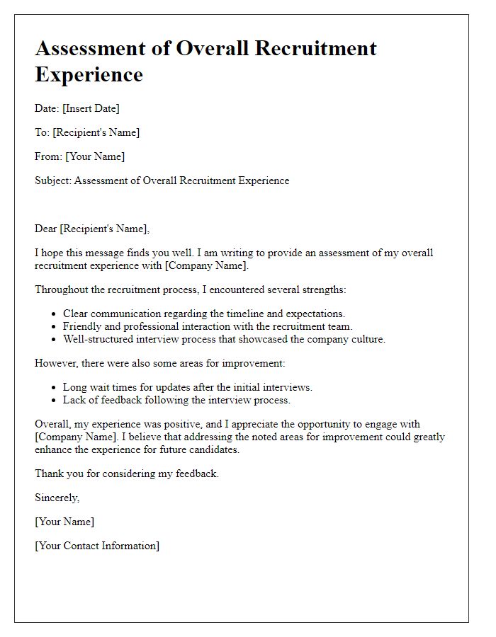 Letter template of assessment on the overall recruitment experience.