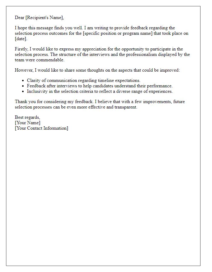 Letter template of feedback regarding the selection process outcomes.