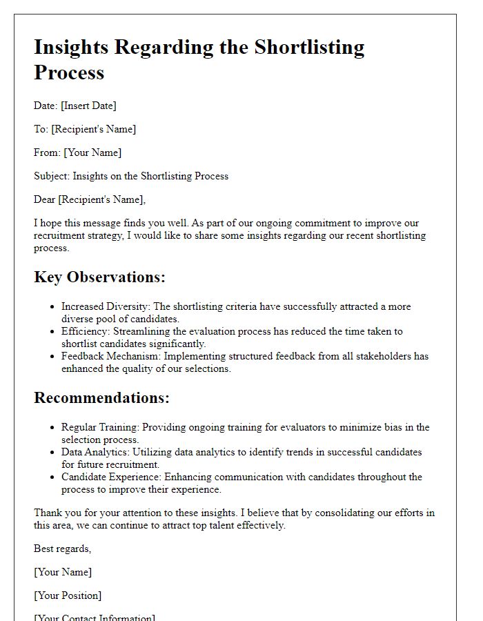 Letter template of insights regarding the shortlisting process.