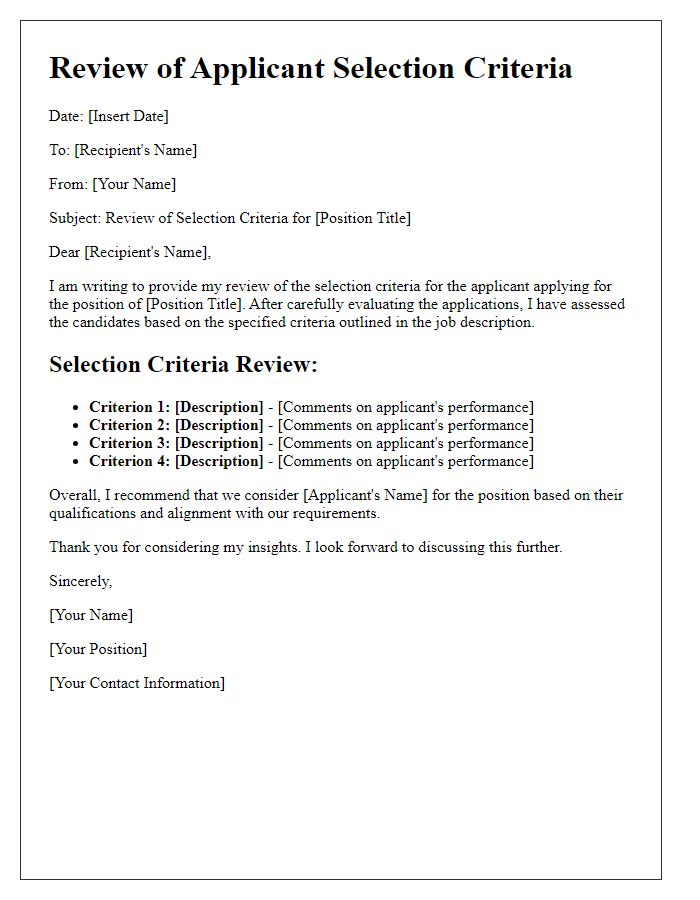 Letter template of review on the applicant selection criteria.