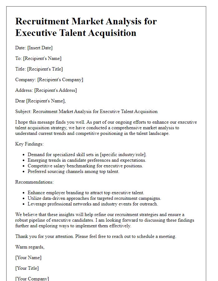 Letter template of recruitment market analysis for executive talent acquisition.