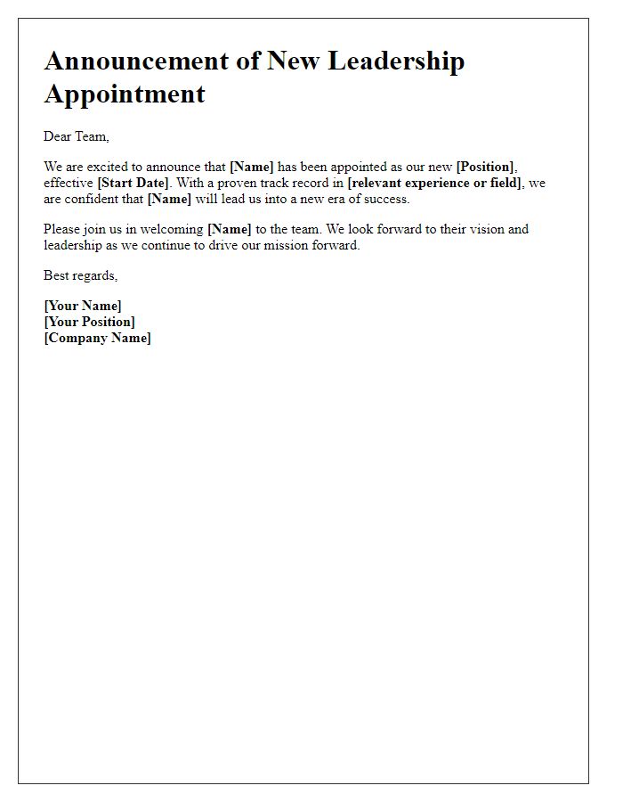 Letter template of new leadership appointment announcement